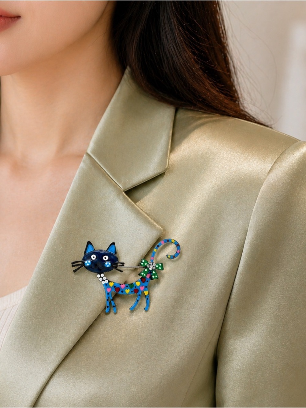 Whimsical Artistic Blue Cat Brooch - Picture 3 of 8